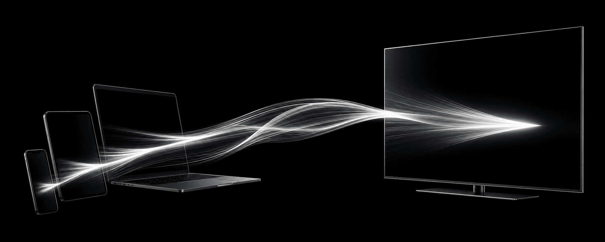 A phone, tablet, and laptop sending a signal toward a television
