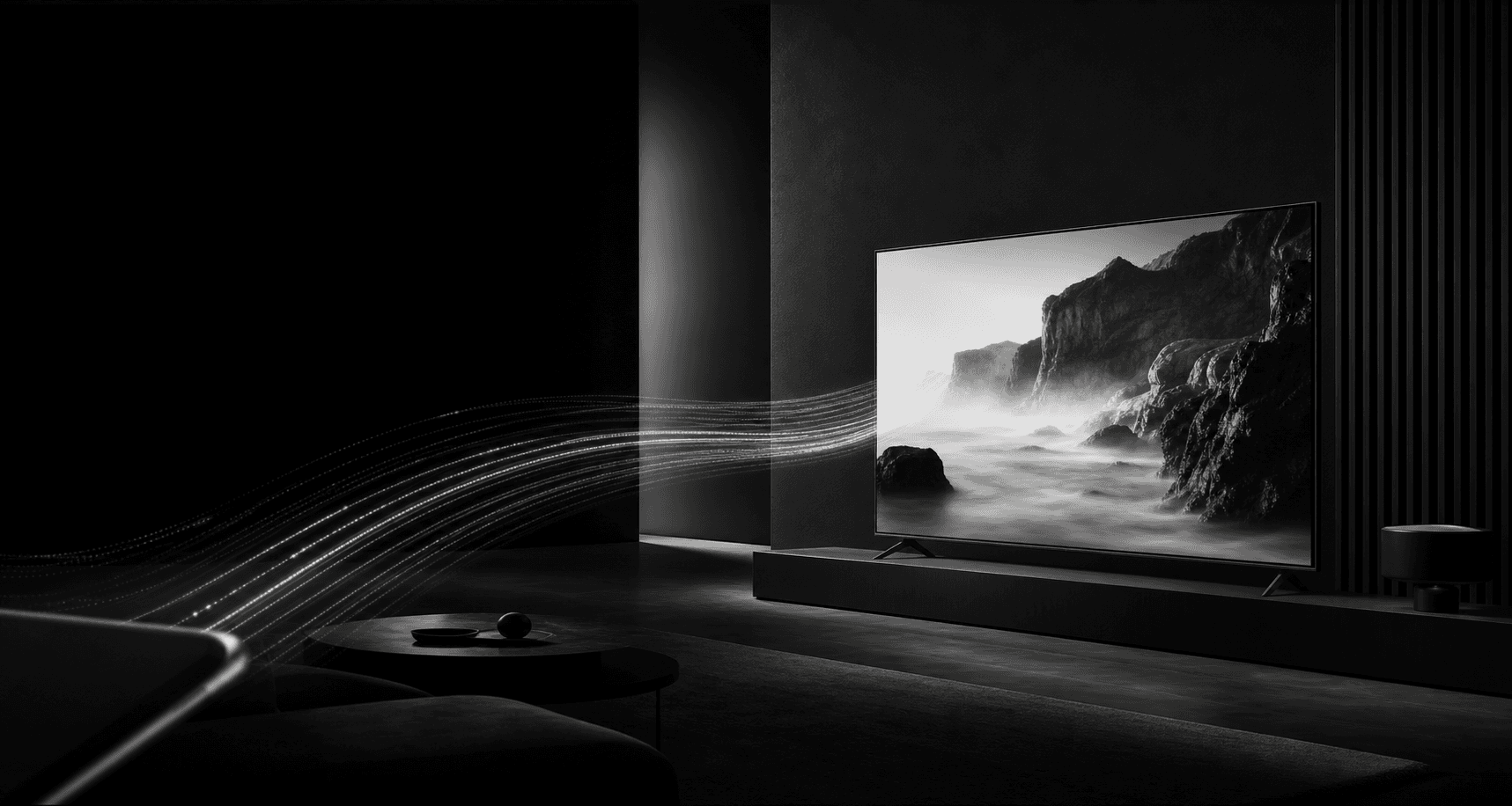 A stream of light moving toward a television in a dark room