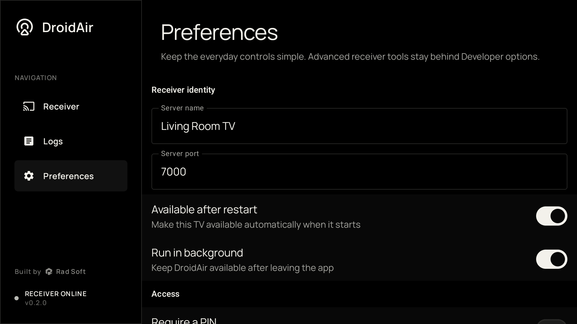 DroidAir preferences for receiver identity and automatic availability