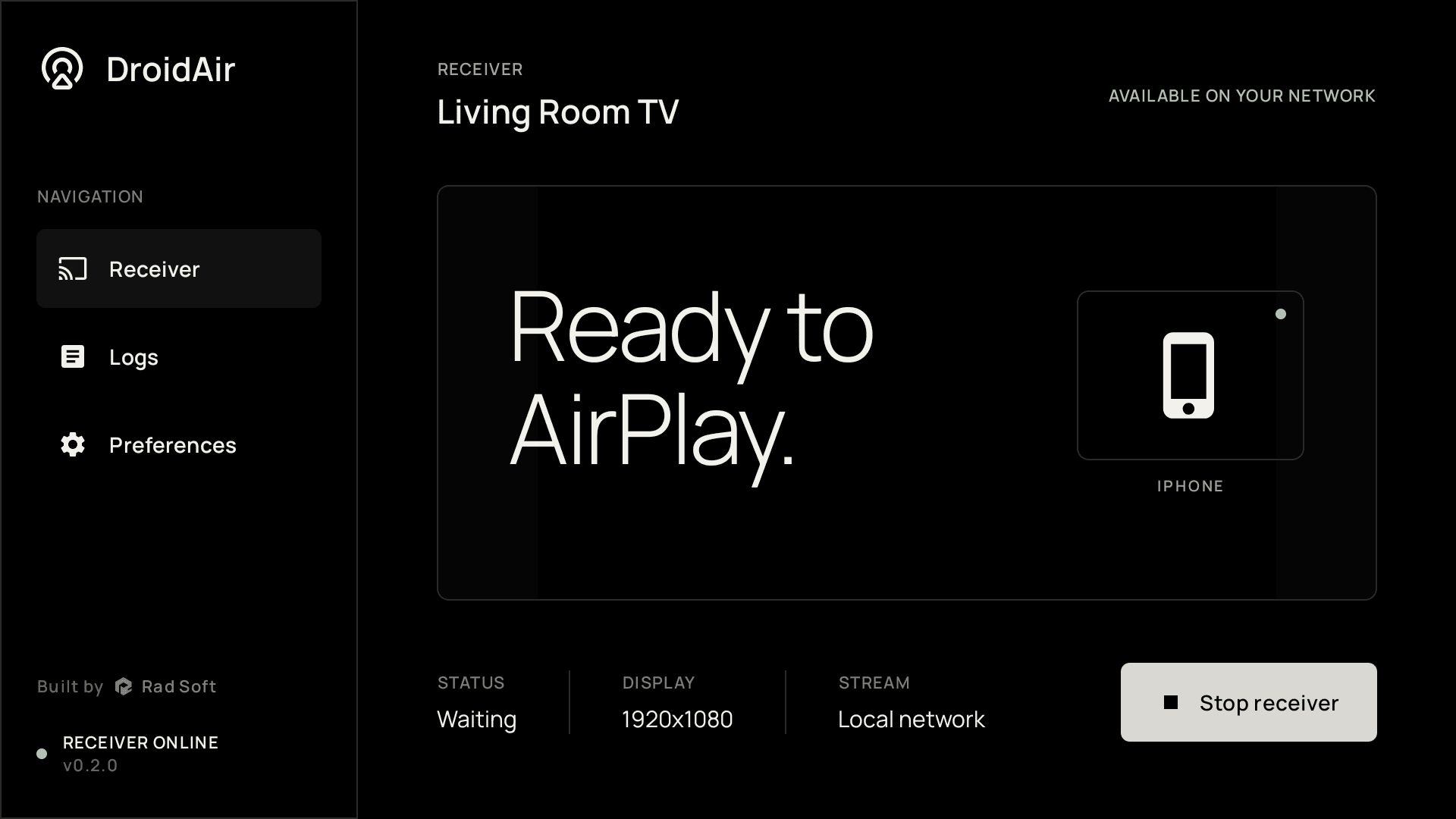 DroidAir receiver ready on a television named Living Room TV